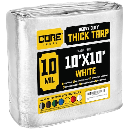 Core Tarps Heavy Duty Tarp, 10 ft L x 0.5 mm H x 10 ft W, 10 Mil, White, Polyethylene CT-604-10X10